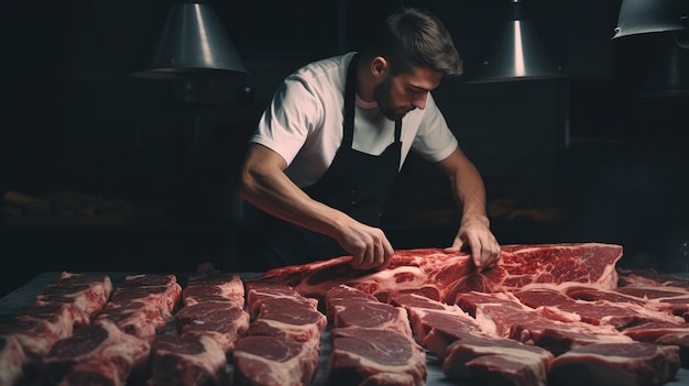 Foto açougueiro cortando carne na mesa