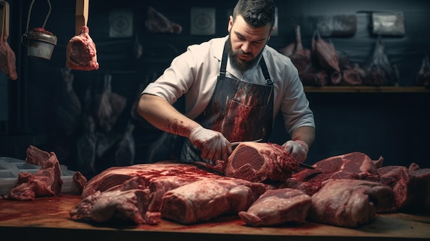 Açougueiro cortando carne na mesa