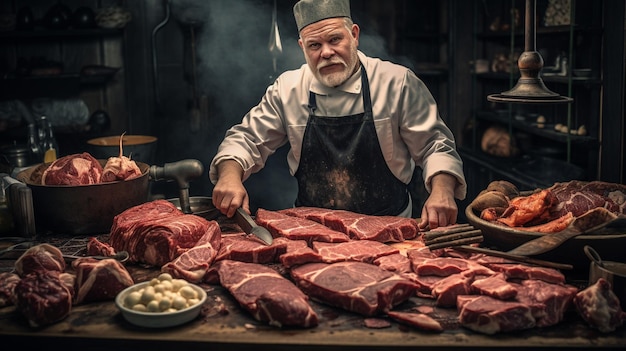 Açougueiro cortando carne na mesa