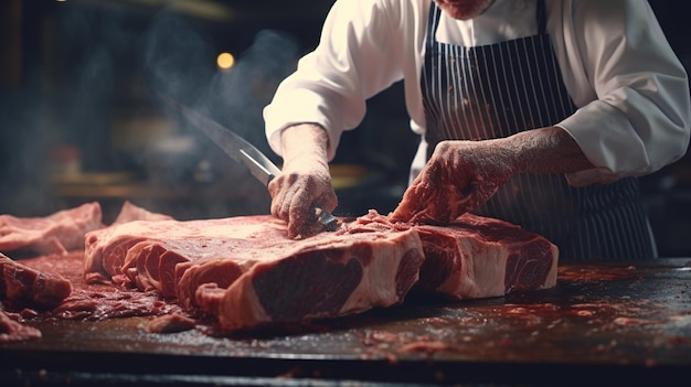 Açougueiro cortando carne na mesa