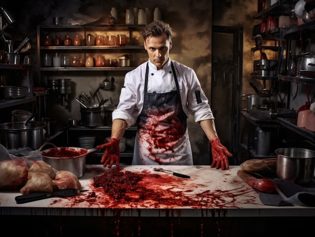 Açougueiro masculino cortando e guarnecendo carne na cozinha, uma obra de arte culinária