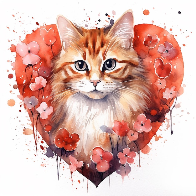Acquerel Clipart del gato de San Valentín