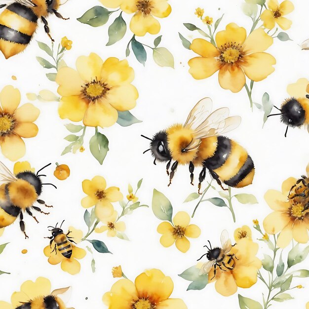 Acquerelado exuberante y alegre Contexto de flores y plantas de abejas