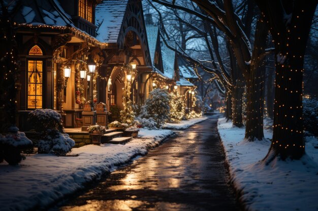 acrílico en lienzo pintura de una esquina de calle tranquila con casas redondas crepúsculo nevado iluminación moteada