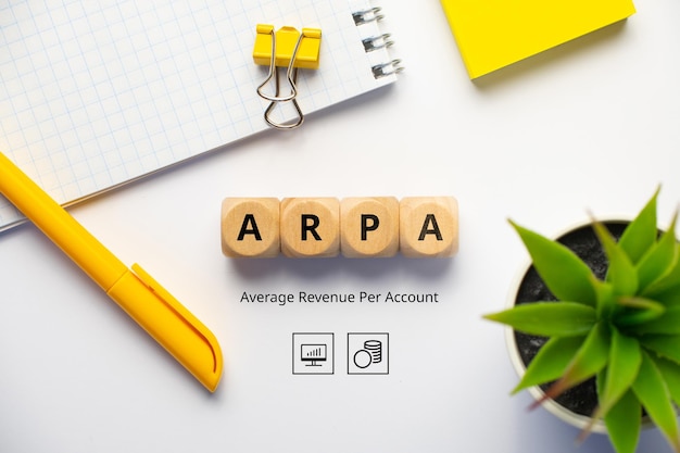 Acrônimo de marketing de negócios de conceito ARPA ou receita média por conta