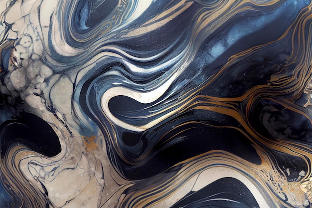 Acryl Fluid Art Dunkelblaue Wellen im abstrakten Ozean und goldene schaumige Wellen Marmoreffekthintergrund