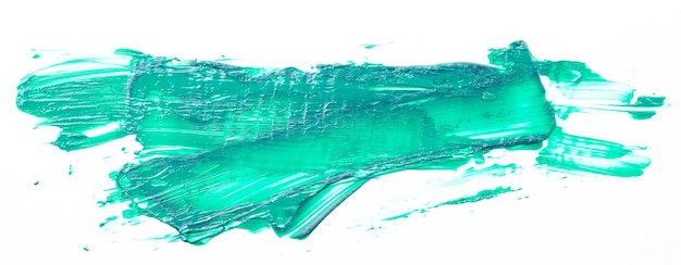 Acrylfarbenklecks, chaotischer Pinselstrichfleck, der auf weißem Papierhintergrund fließt. Kreative grüne Farbkulisse, flüssige Kunst