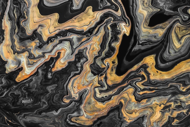 Acrylic Fluid Art Kreativer Marmorhintergrund oder Textur mit goldenen und schwarzen Wellen