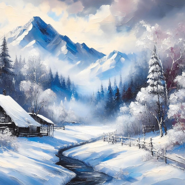 Acrylmalerei Winterwunderland mit schönem schneebedeckten Wetter