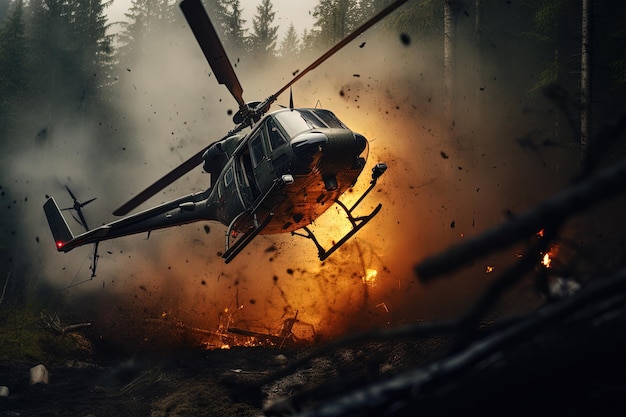 Foto action-aufnahme mit einem hubschrauber, der über flammen und explosionen in der luft schwebt dynamische szene im blockbuster-stil von actionfilmen generiert von ki