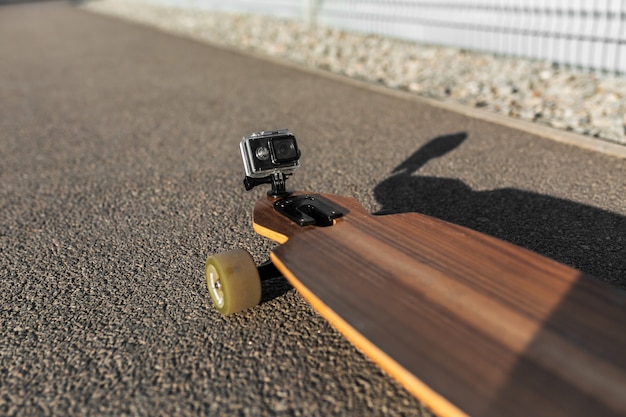Action-Kamera auf Longboard-Nase für Filmaufnahmen montiert