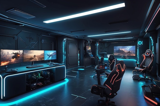 Action-Packed Gaming Room Mockup mit Controllern und Headsets