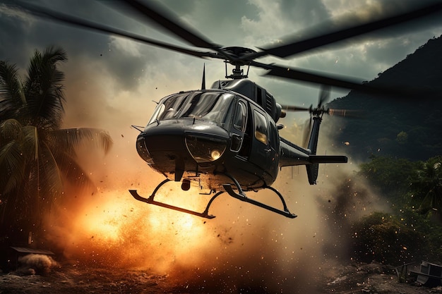 Actionaufnahme mit einem Hubschrauber, der über Flammen und Explosionen in der Luft schwebt. Dynamische Szene im Actionfilm-Blockbuster-Stil. Generierte KI