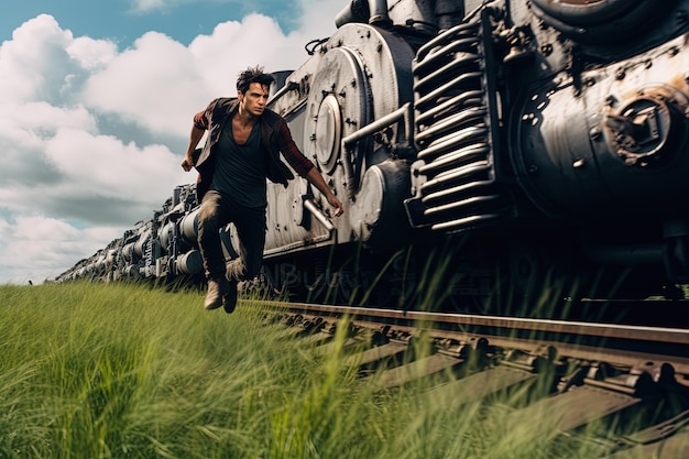 Actionaufnahme mit Mann, der aus dem Zug springt. Dynamische Szene mit Eisenbahnwaggon im Actionfilm-Blockbuster-Stil. Generierte KI