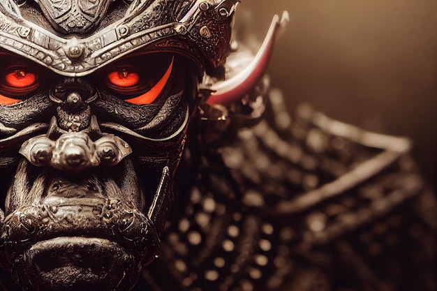 Actionfilm Samurai mit einer Oni-Maske aus dunklem Opal in Nahaufnahme filmisch
