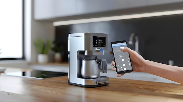Activación manual de la cafetera inteligente utilizando una aplicación móvil para una automatización conveniente