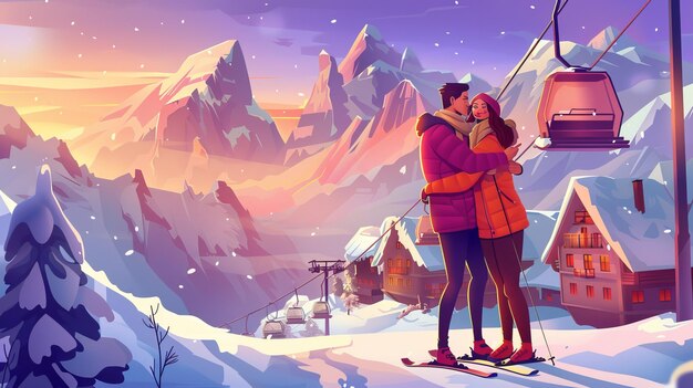 Una actividad al aire libre personas relajándose en una estación de esquí una pareja joven en ropa de invierno abrazándose en una colina nevada con montañas cabañas y ilustración de dibujos animados funicular