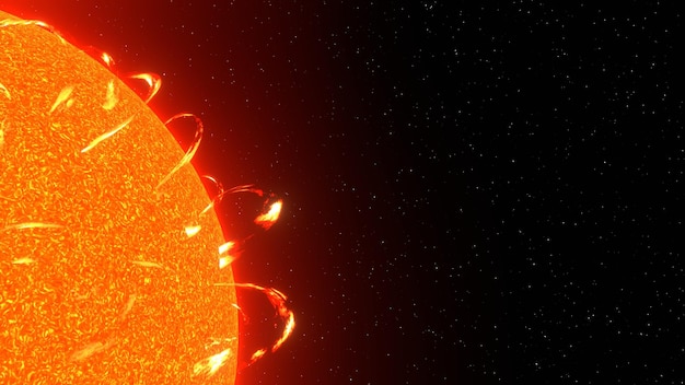 Actividad solar Sol relámpago Llamarada solar Sol de cerca en el espacio estrella enorme en el espacio estrella caliente render 3d