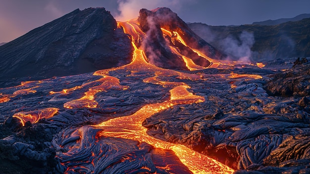 Foto la actividad volcánica y los flujos de lava por la montaña crean una escena aterradora y peligrosa.