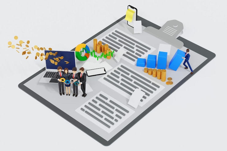 Foto actividades comerciales en clipboard de papel empresario gestionar transacciones de dinero con gráfico gráfico y datos estadísticas información renderizado en 3d