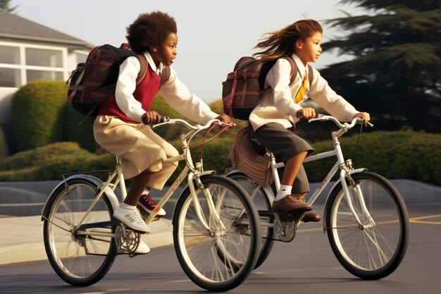 Actividades escolares para niños, incluido el aprendizaje de la lectura, deportes, regreso a la escuela, andar en bicicleta.