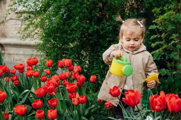 Actividades de jardinería de primavera para niños Niña pequeña linda en impermeable regando flores de tulipanes rojos en el jardín de primavera y verano