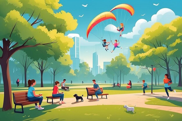 Actividades del parque Ilustración vectorial Niños juegan juntos en columpios con cometas parejas en bancos y corriendo hombre con perro mujeres hacen yoga y leen libros