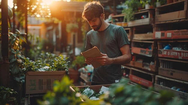 Activista ambiental clasifica los productos reciclables en un jardín exuberante al atardecer