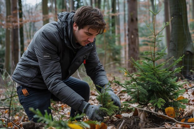 Activista ambientalista planta árboles jóvenes en el bosque