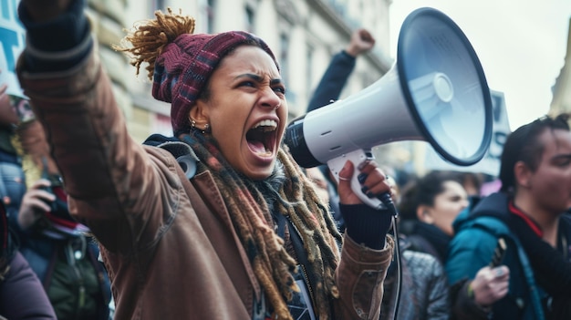 Foto un activista apasionado grita en un megáfono durante una protesta dinámica