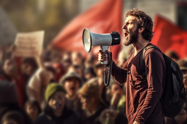 un activista dirigiéndose a una gran multitud de protesta AI generativa