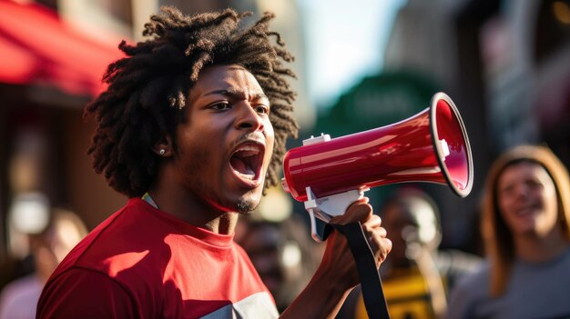 Activista laboral de personas negras protestando con megáfono durante una manifestación