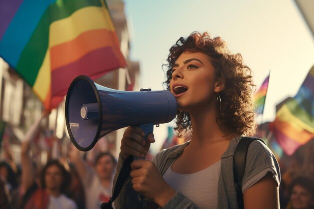 Foto una activista lesbiana orgullosa se dirige a una multitud durante generative ai