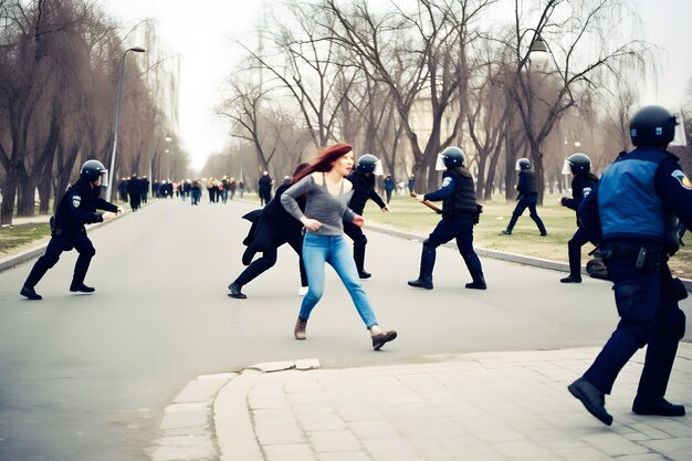 Activista protestando con megáfono durante una huelga con un grupo de manifestantes en el fondo Mujer protestando en la ciudad Red neuronal AI generó arte