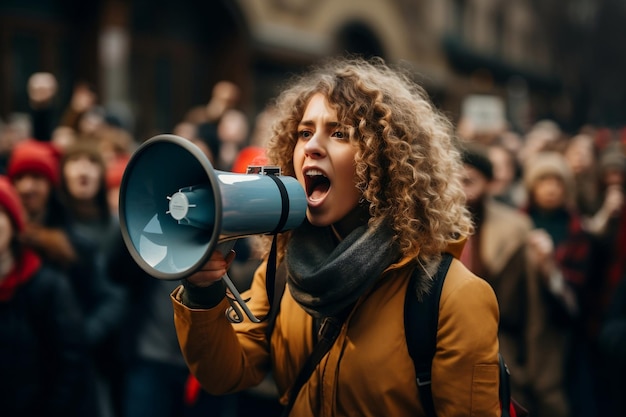 Una activista protestando con un megáfono durante una manifestación Generative Ai