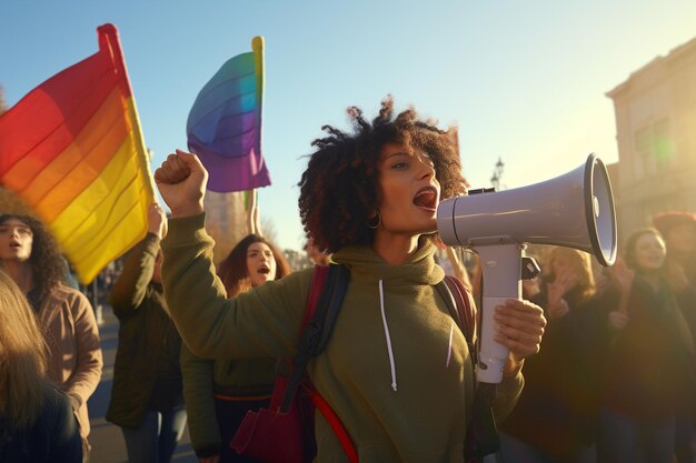 Activistas LGBTQ participando en una manifestación pacífica de Generative ai