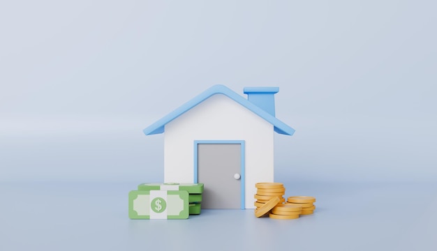 Activo inmobiliario presupuesto financiero casa y apilamiento de monedas y billetes dinero ahorro para la compra