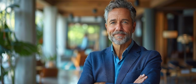 Un activo líder de negocios de mediana edad posa con un traje azul mientras sonríe Él es un hombre de negocios confiado y abogado orgulloso que lleva un traje azul cuando está de pie en su oficina con los brazos cruzados