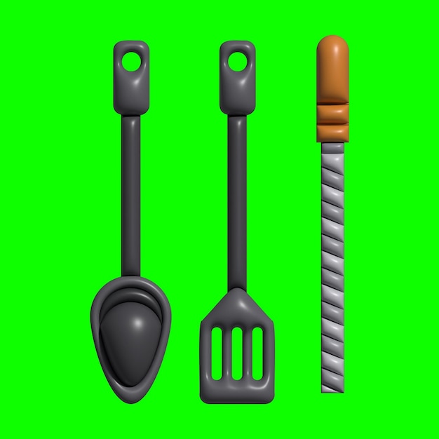 Foto activos de elementos de juego de cocina 3d con fondo de pantalla verde