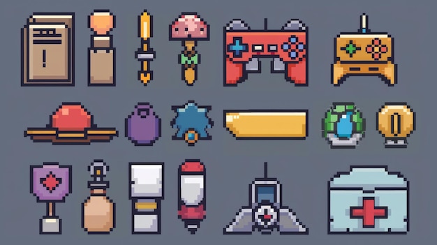 Activos de juego de arte de píxeles, incluidos artículos, herramientas y armas