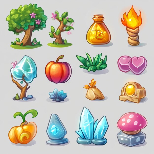 Activos del juego de dibujos animados Árboles Cristales Flores y más