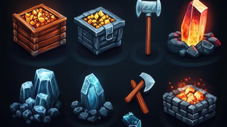 Foto activos del juego de dibujos animados cristales de oro hachas de hielo horno