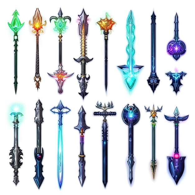 activos del juego Spritesheet de armas espadas arcos escudos y bastones 3d y 2d brillante
