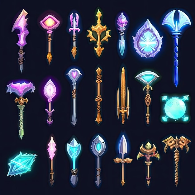 activos del juego Spritesheet de armas espadas arcos escudos y bastones 3d y 2d brillante