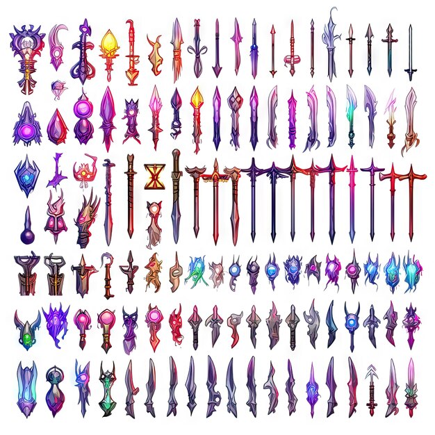 activos del juego Spritesheet de armas espadas arcos escudos y bastones 3d y 2d brillante