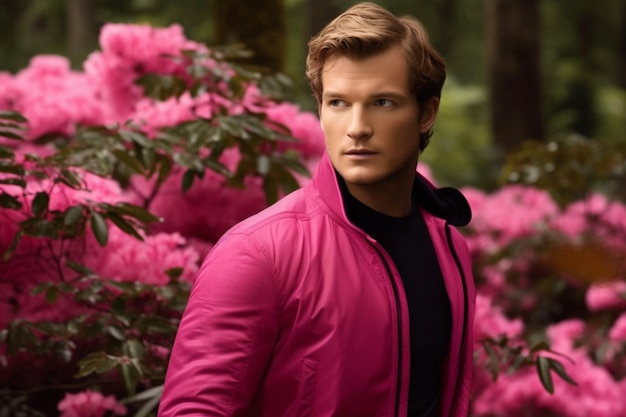 Actor con una chaqueta rosa con una flor rosa en el fondo.