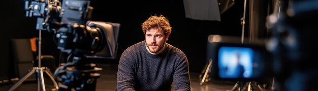 Actor dedicado ensayando líneas con enfoque en el set para el ensayo de producción de video