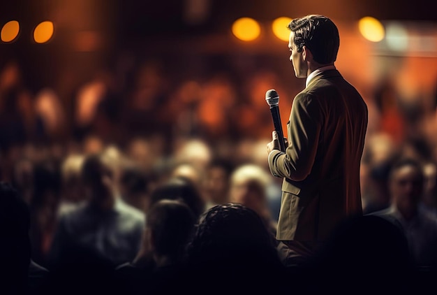 un actor está dando un discurso en el escenario frente al público al estilo de un panorama bokeh