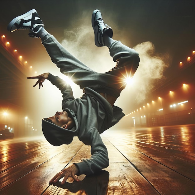 Foto la actuación de breakdance de un joven en un piso de madera realzada por efectos dramáticos de iluminación y humo