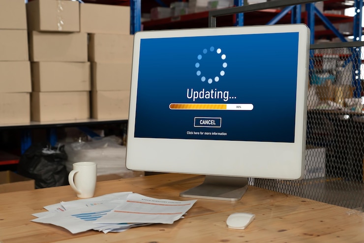 Foto actualización de software en la computadora para la versión más moderna del software del dispositivo